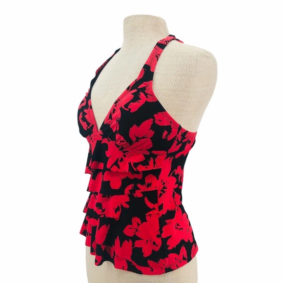 Aqua Green NEW Red Black Tiered Ruffle Front Halter Tankini Swim Top Size Small - Picture 2 of 9
